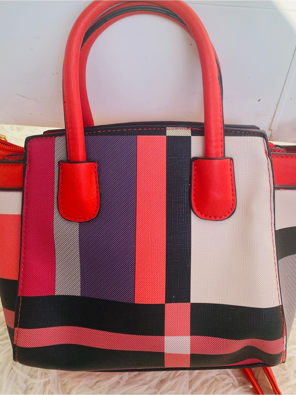 Coral Red Plaid Structured Satchel Crossbody Top Handle Handbag Purse - Picture 1 of 13